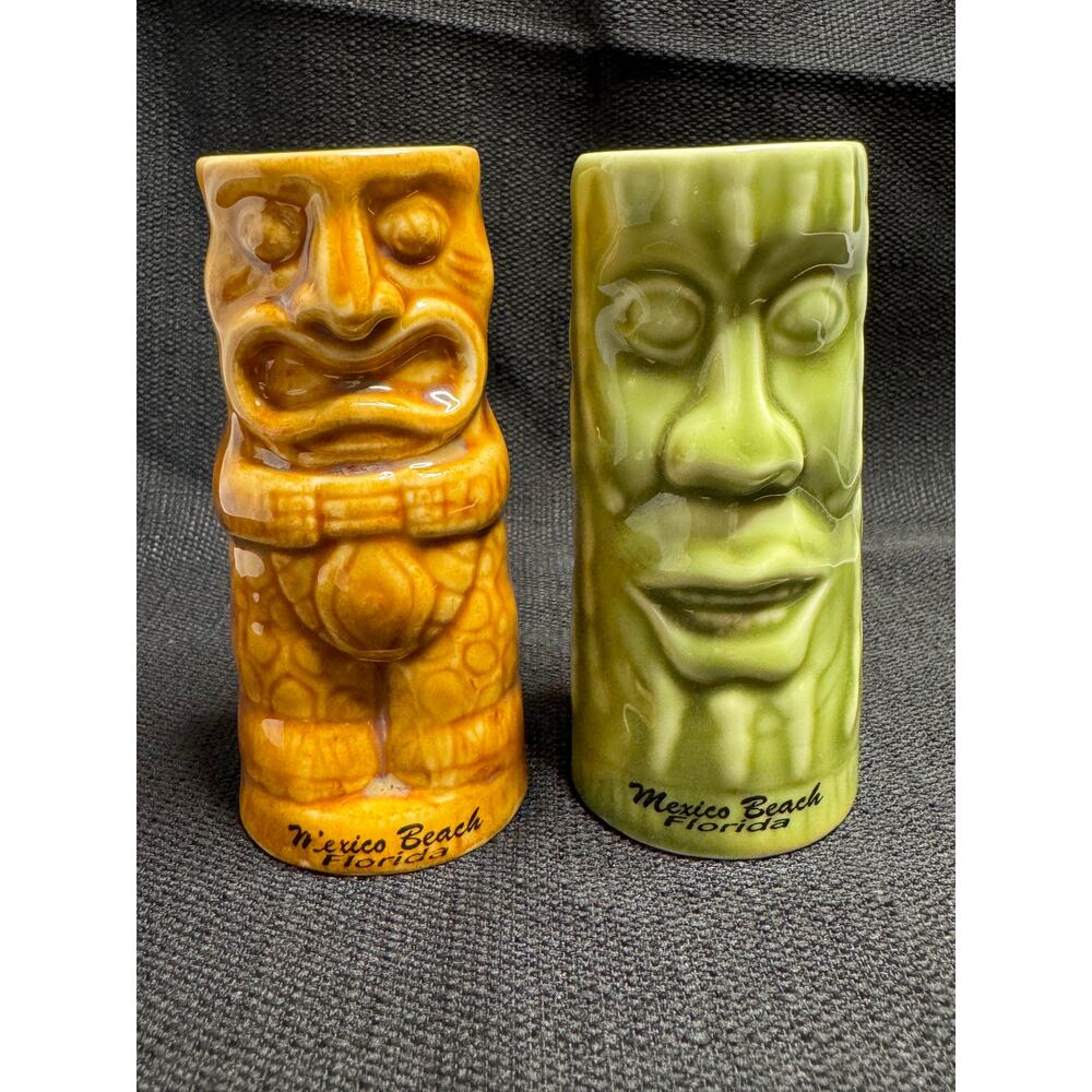 Chiki Tiki Shot Glasses Souvenir of Mexico Beach, Florida Green & Brown